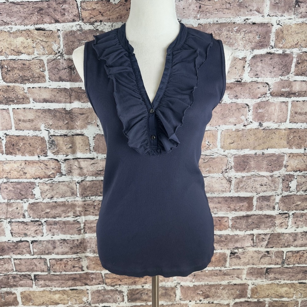 Lauren Jeans Co Ralph Lauren Navy Blue Ruffle V-Neck Ribbed Pima Cotton Top L - Picture 2 of 13